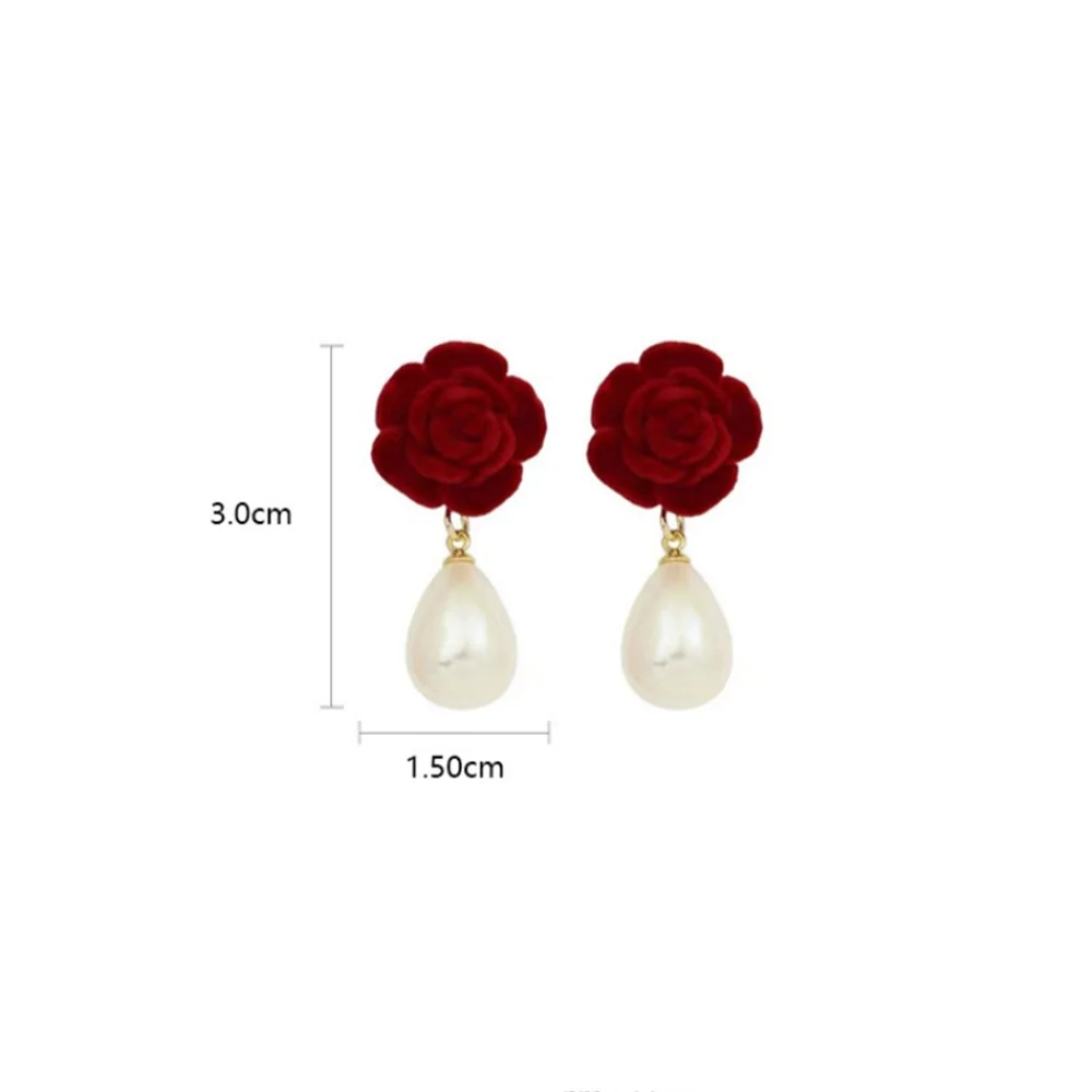 Autumn Winter Fashion Velvet Wine Red Rose Flower Earrings for Women Korean Long Pearl Studs Wedding New Year Party Jewelry Gift