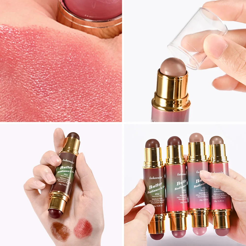 Lakerain Butter Glow & Go-palo de maquillaje multifuncional, contorno de ojos, labios y cara, resaltador de rubor sedoso de doble punta