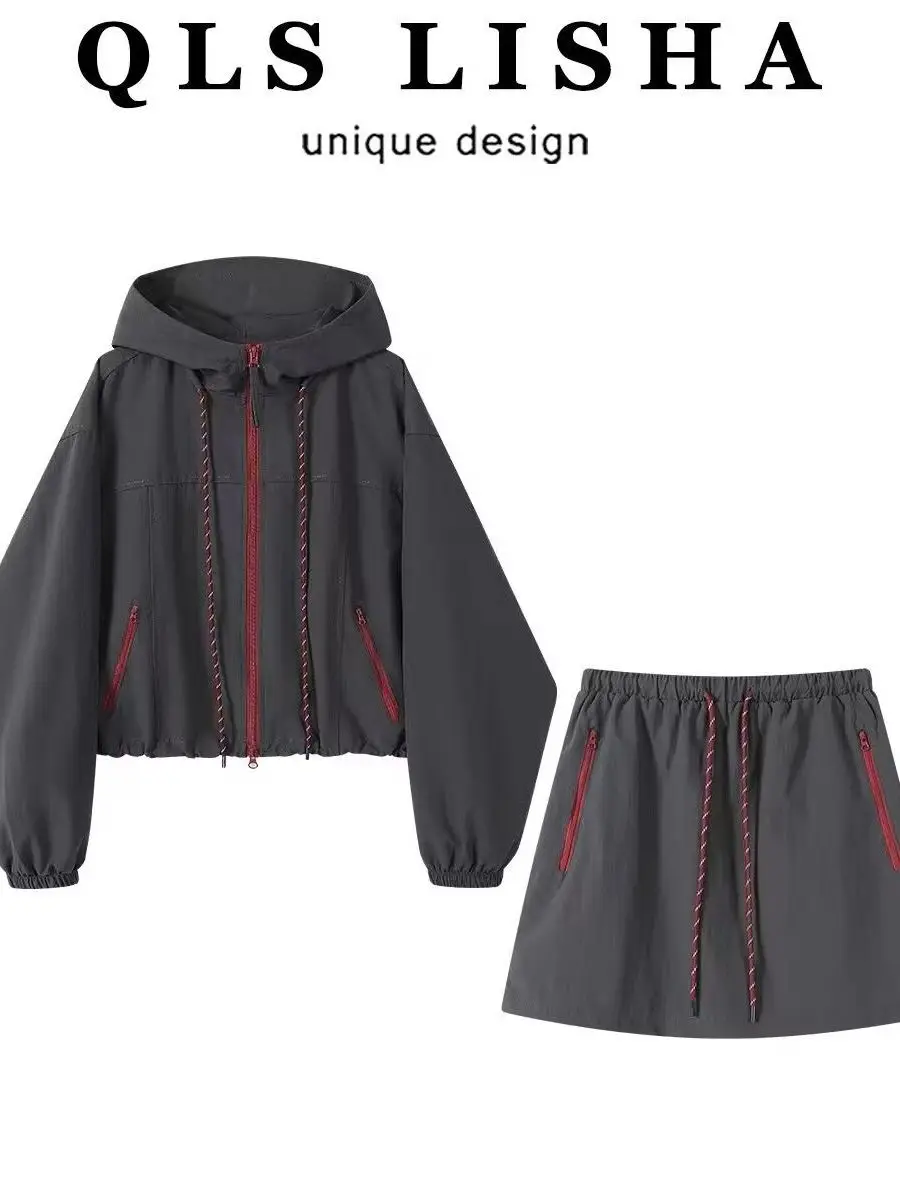 

Комплект из двух предметов: женская куртка и юбка больших размеров для активного отдыха, с высокой талией, А-силуэт, весенний, повседневный, комфортный, в корейском стиле