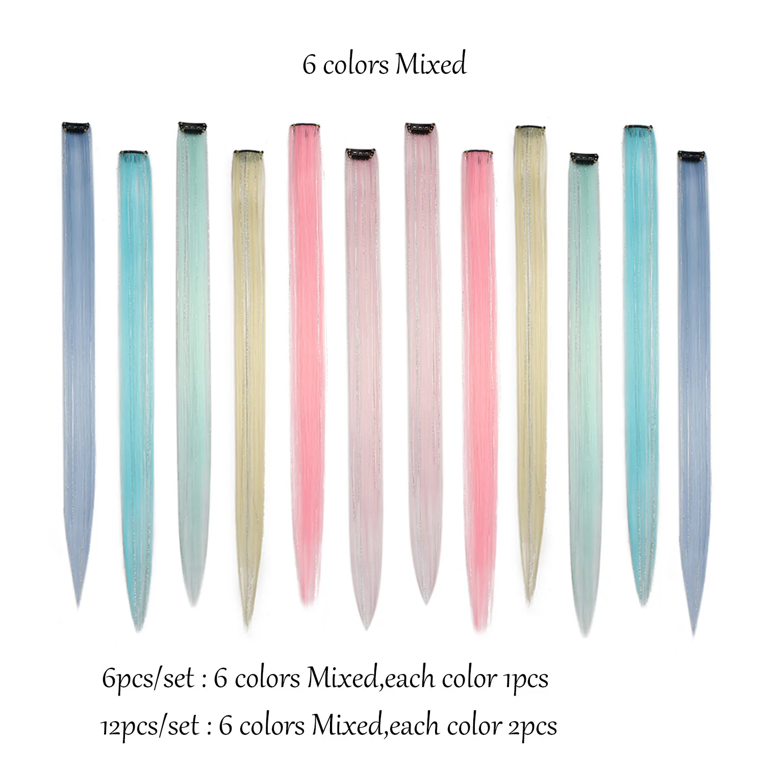 Multicolor Clip in Hair Extensions Mix Tinsels Colored Hair Extensions, 2 in 1 Rainbow Hair with Silver Tinsels for Kids Girls