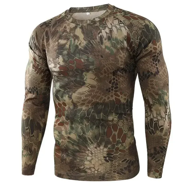 2024 Autumn New Men\'s Slim Fitting Camouflage Printed round neck Long Sleeved T-shirt, Hunting Camping Hiking pullover T-shirt