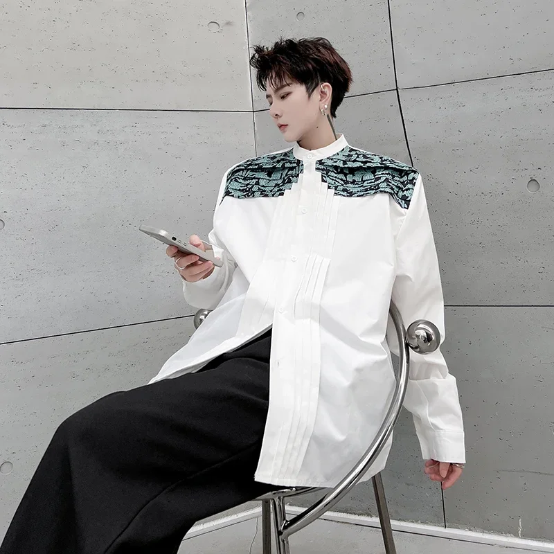 

Men Niche Print Splice Folds Stand Collar Loose Casual Long Sleeve Vintage Shirt Male Net Celebrity Fashion Show Shirts Blouses
