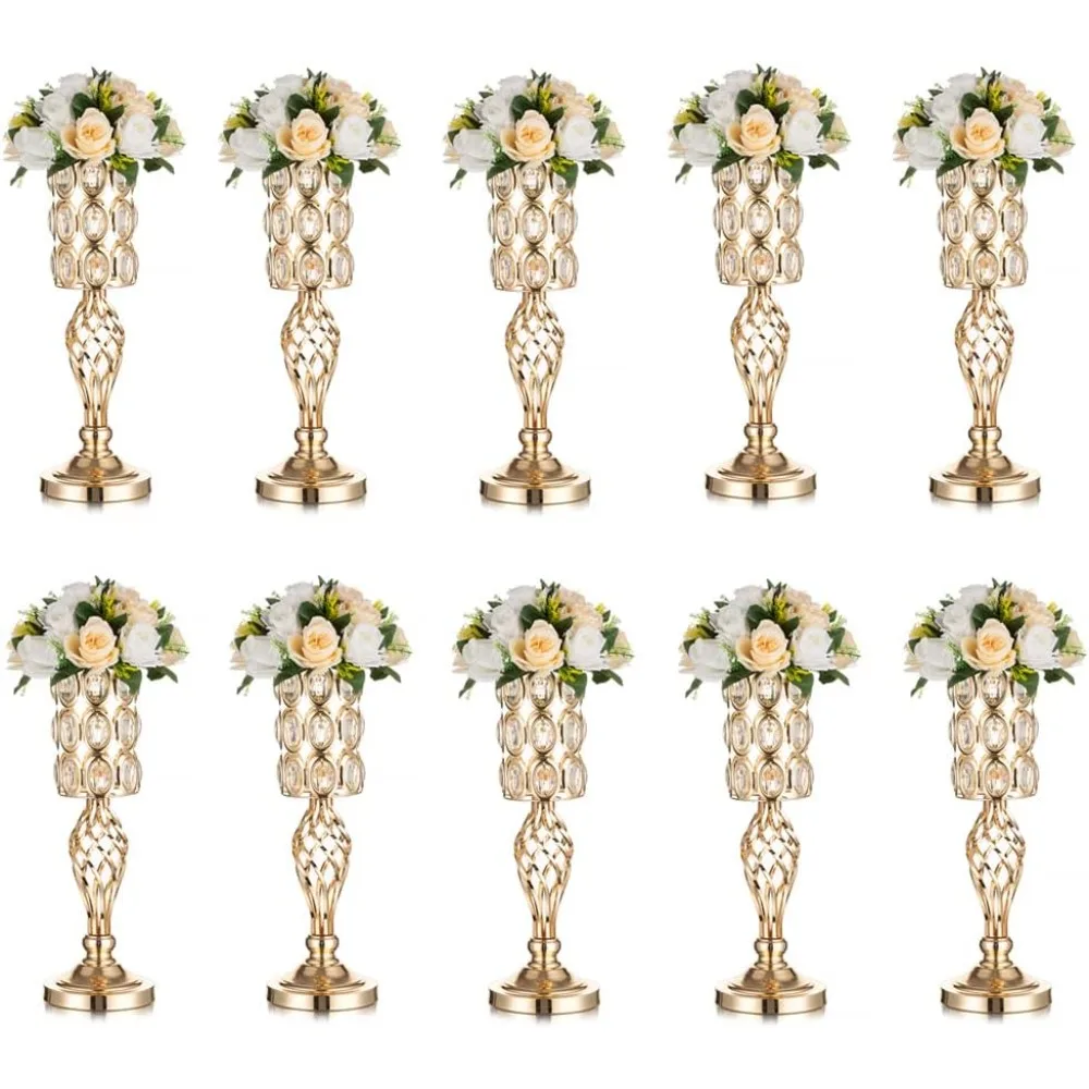 

Gold Vases for Centerpieces - Metal Flower Stand with Crystal Beads, Tall Vases Bulk Centerpieces for Wedding Table, Birthday, E