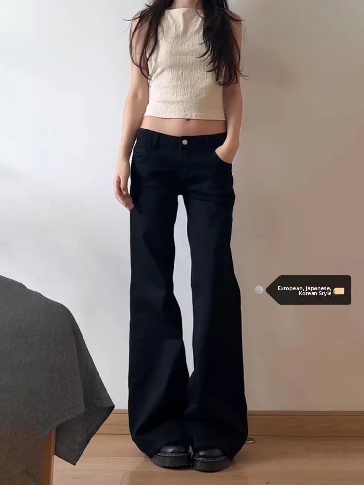 بنطلون جينز نسائي بخصر عالٍ وقصة واسعة، أسود مثير بتصميم متدلي، فضفاض ومريح، يُظهر الجسم أنحف، بنطلون طويل واسع الساق لموسم ا...