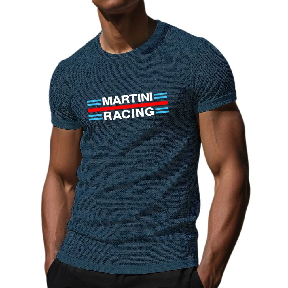 Camiseta creativa Martini Racing Ice Silk Jacquard cómoda camiseta de ajuste suave nudo de bambú malla cuello redondo camisetas de manga corta para hombre