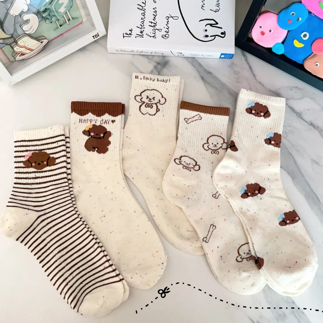 

5 Pairs Women's Socks Set Cartoon High Quality Cotton Socks Wholesale Dog Japanese Kawaii Sweet Cute Versatile Mid Tube Socks