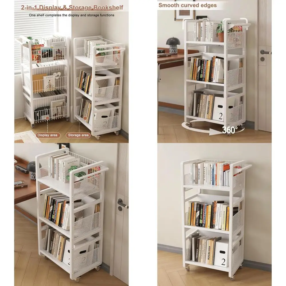 Book Cart Heavy Duty Double-Sided with Silent Wheels & 3 Magnetic Book Supports Rolling Bookshelf Library Book Truck for Home, O