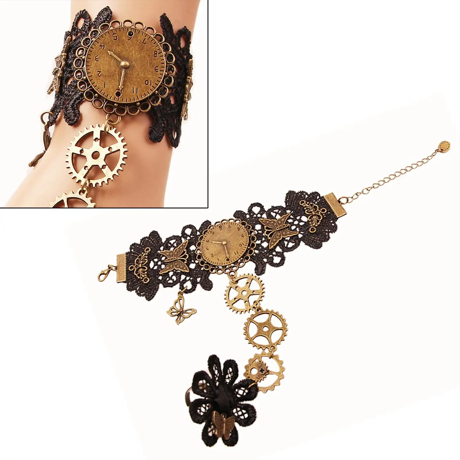 Black Lace Bracelet Steampunk Gear Floral Ring Bangle Wristband Punk Gothic Vintage Alloy Jewelry for Women Girl Gift