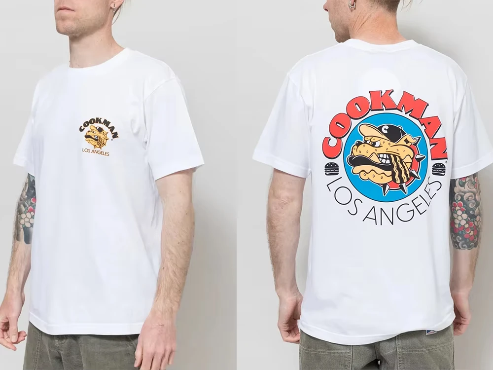 Double-sided printed T-shirt - Cartoon Bulldog - Circular Pattern - White Cotton - V-neck - Short Sleeve - Retro Streetwear Top