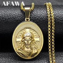 Religious Jesus Christ Crucifix Cross Medal Pendant Necklace for Women Men Stainless Steel Gold Color Faith Jewelry NZZ477S02