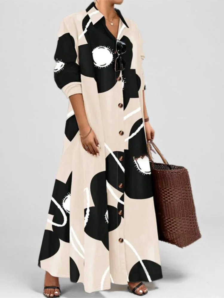 Fashion Printed Long Dress New Women's Spring Summer Casual Loose Long Sleeved Single Breasted Shirt Big Swing A-line Dress