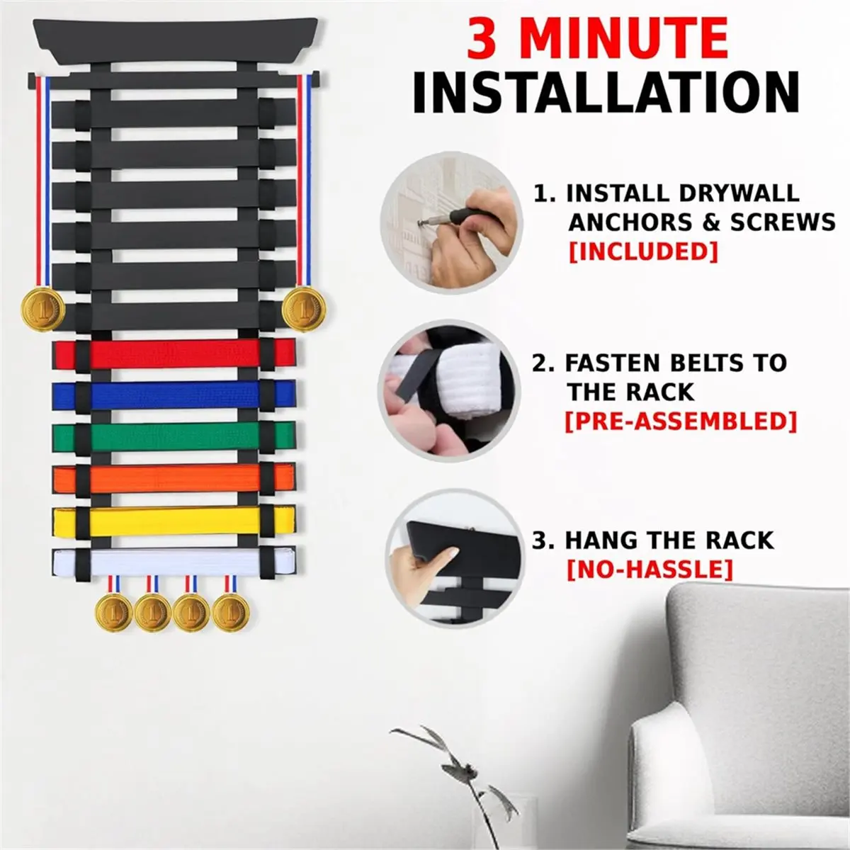 12 Belts Karate Belt Display Rack, Bamboo Wood, Medal Hangers - Taekwondo Belt Display, Jiu , BJJ, Martial Arts