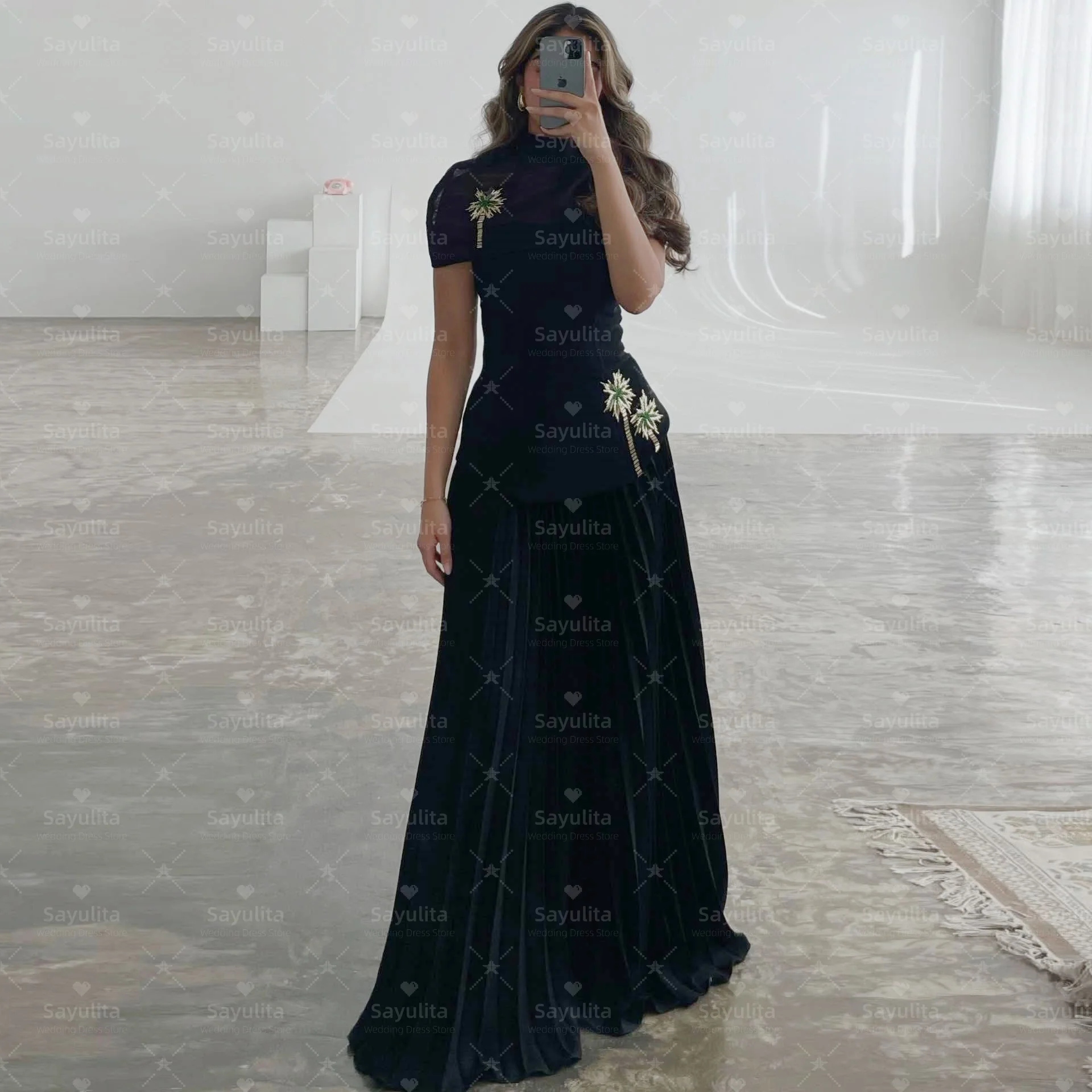 

Sayulita Black Prom Dresses with Shawls Strapless Evening Gowns Customized Beading Saudi Women Wedding Party Dress