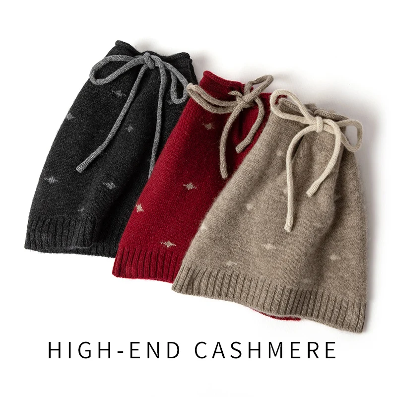 

High Quality 100% Cashmere Hat Scarf, Dual-use, Thick Knitted Drawstring Hat Fashion Korean Suitable Both Men Women, Warm Hat
