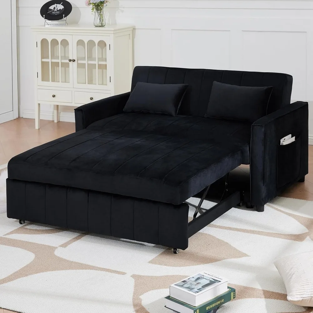 Futon Sofa Bed, 3-in-1 Sleeper Sofa with Pullout Bed, Velvet Sofa cama with Adjustable Backrest and Side Pocket & 2 Pillows