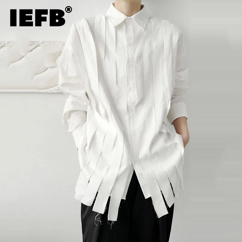 IEFB New 2023 Large Loose Patchwork Fringed Ribbon Long Sleeve Irregular Shirt Single Breasted Simple Temperament 9A3172