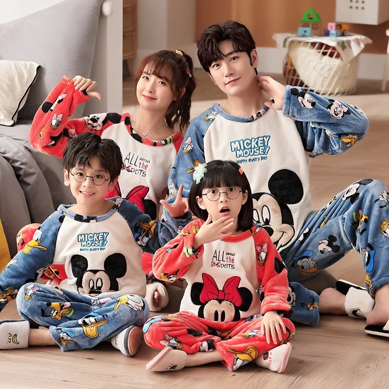 Disney Mickey Mouse Parent-child Pyjamas Winter Flannel Fleece Thickened Mother and Daughter Family Coral Fleece Home Wear Set