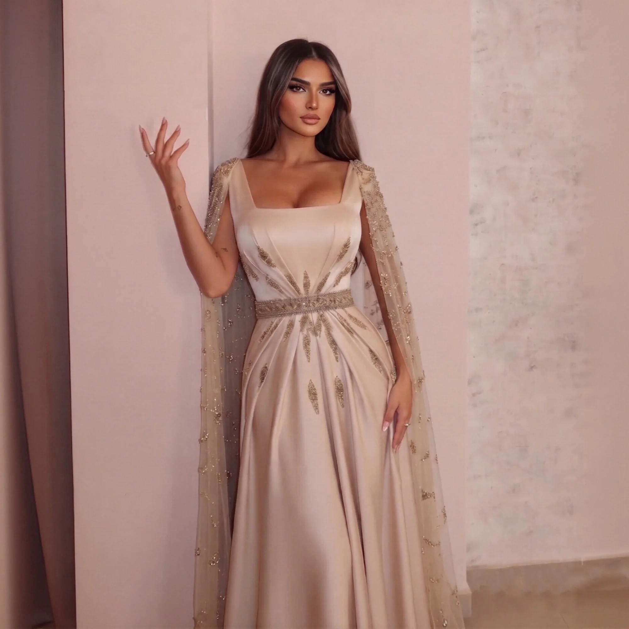 Sharon Said Champagne Mermaid Evening Dress with Cape Luxury Beaded Square Collar Women's Formal Party Gowns SS213 Customized