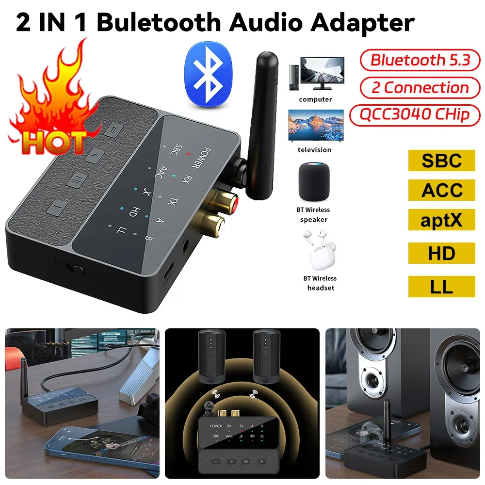 

2 In 1 Bluetooth 5.3 aptX/HD/LL Audio Adapter RCA AUX 3.5MM Wireless Stereo Receiver Transmitter Low Latency Lossless Sound