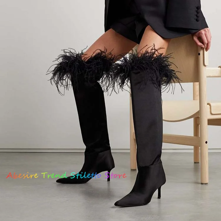 

Black Satin Pointed Toe Shoes Stiletto Heel Fur Over the Knee Boots Women Sexy Feather Low Heel Slip On Party Dress Boots