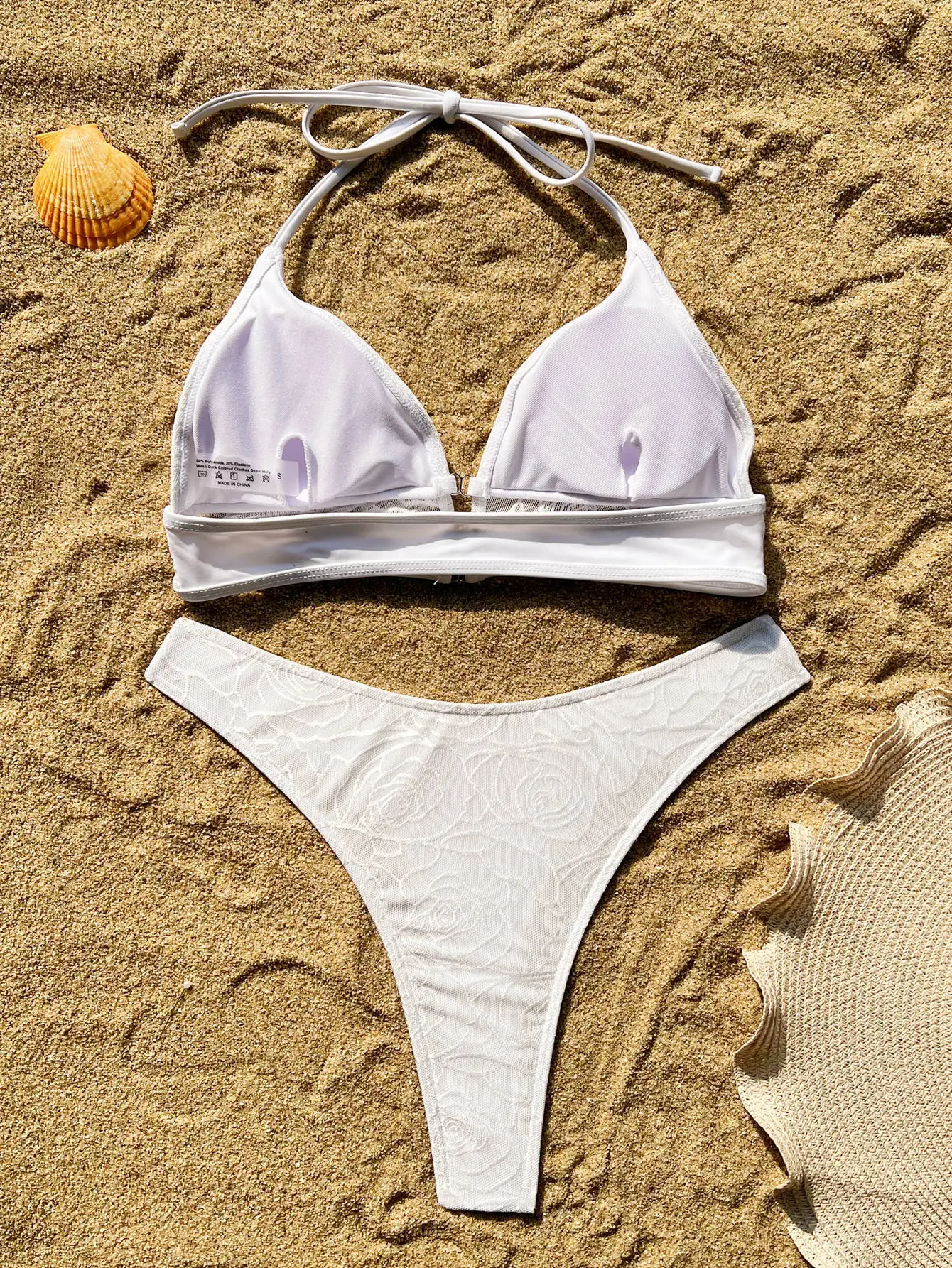 Maillot de bain 2 pièces pour femmes, blanc pur, taille haute, ensemble bikini, sexy, maille, dentelle, patchwork, plage, vacances, triangle, nouvelle collection 2025