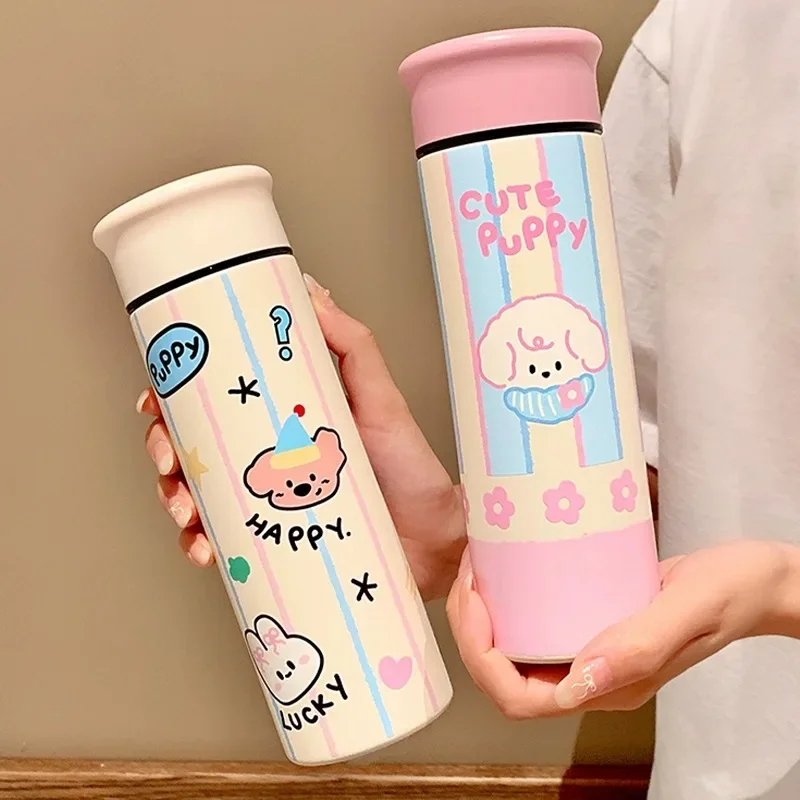 

Cartoon full print double drink thermos cup girl cute stainless steel straw cup portable student elastic cover cup