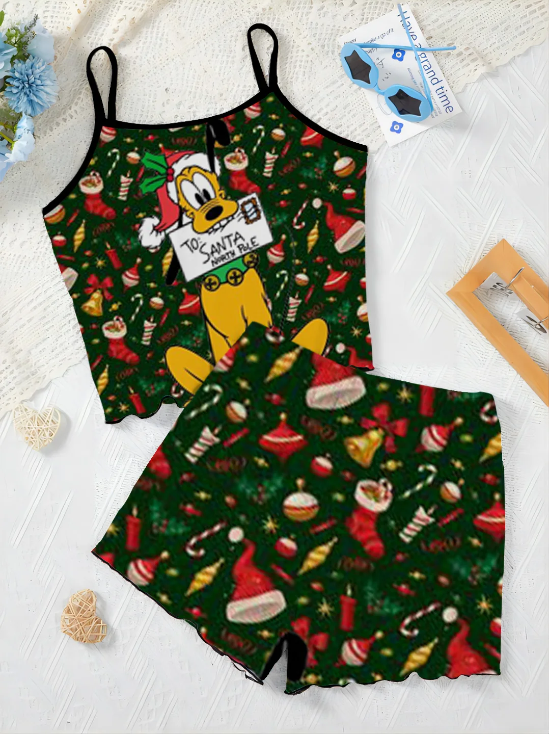 Elegant Women's Sets Lettuce Trim Home Dress Christmas Mickey Minnie Mouse Top Pajama Skirt T-shirt Disney Pieces Short Suit Top