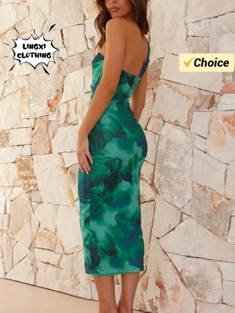 เดรสรัดรูปเปิดไหล่ข้างเดียวพิมพ์ลายปาร์ตี้เปิดไหล่ข้างเดียวสีเขียวฤดูร้อนแฟชั่น2024