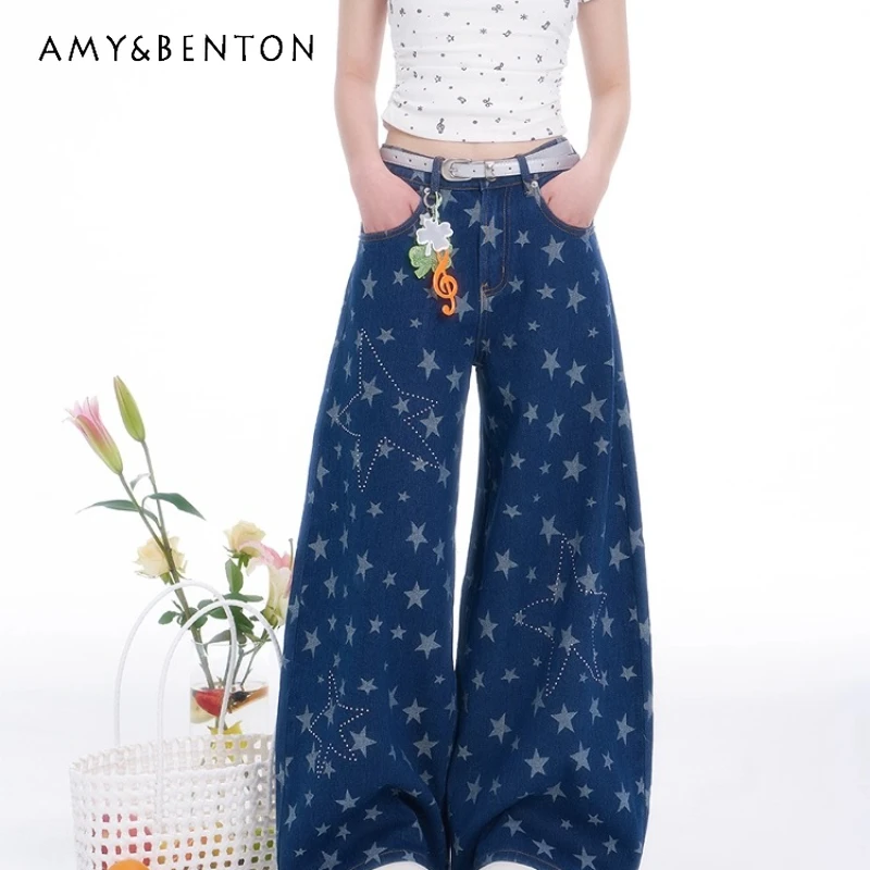 

Autumn New Blue Star Rhinestone Pattern Women's Wide-Leg Pants Original Design Sweet Cool Fashion Loose Versatile Jeans ladies