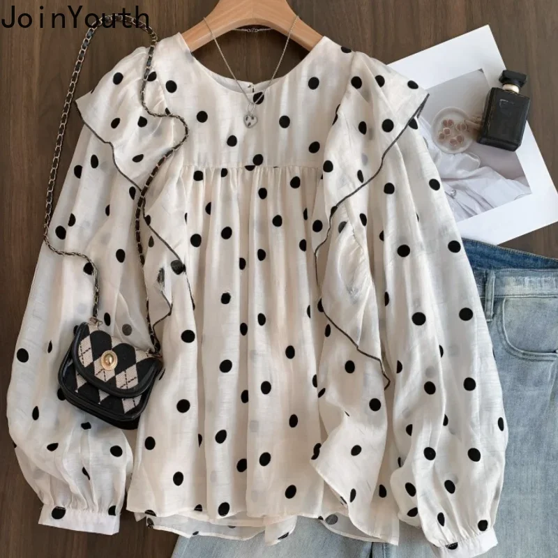 Polka Dot Blouses for Women O-neck Long Sleeve Loose Shirts 2024 Blusas Mujer De Moda Fashion Sweet Ruffles Summer Blouse Tops