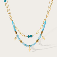 Simple Plated 18k Gold Color Stainless Steel Multi-layer Chain Necklace Luxury Blue Crystal Beads Choker Fashion Jewelry