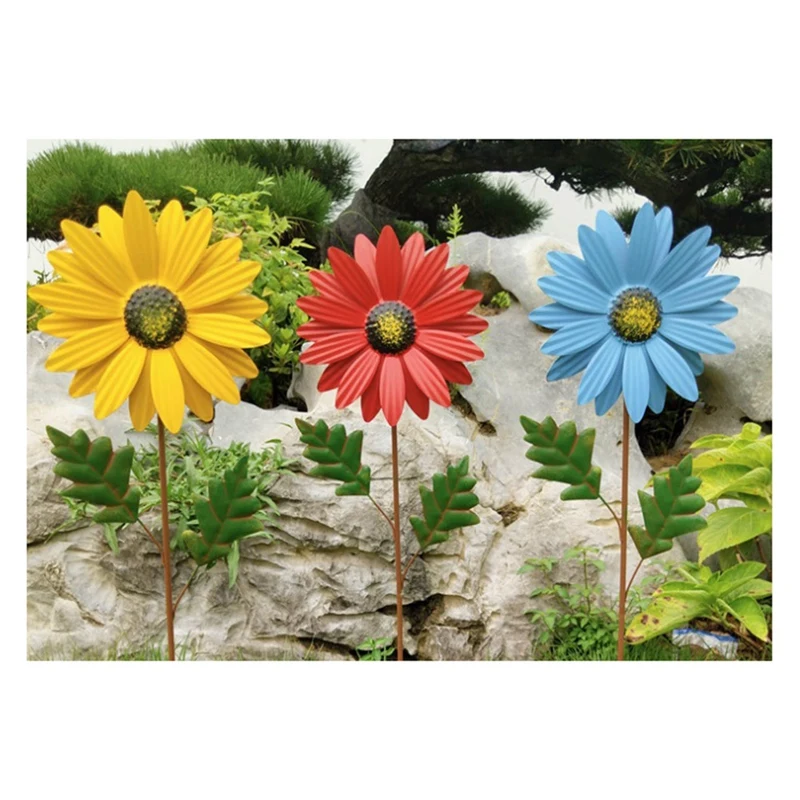 Metal Daisy Garden Stakes Decor, Metal Flower Stick Outdoor Decorations, 3D Daisy Stake Yard Art For Wall