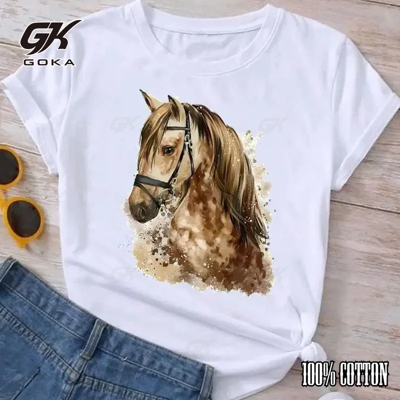 Horse Pattern Printed T-Shirt Cotton High Quality Ladies Hipster T-Shirt Tops Retro Street Fashion Round Neck Loose Short Sleeve