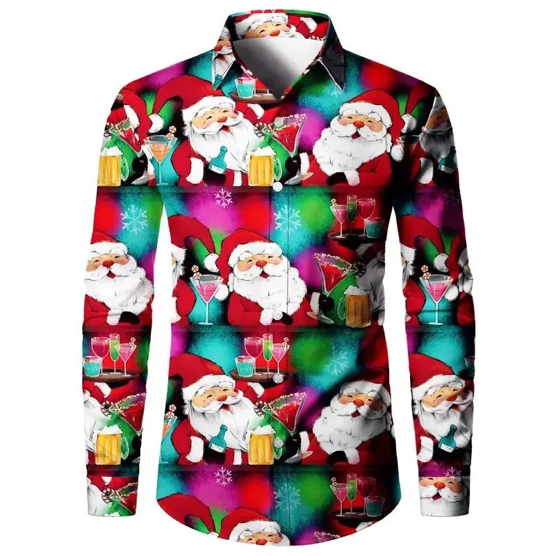 Stylish Shirt Christmas New Style Designer Design 2024 Christmas Snowman Party Men\'s Tops Shirt Lapel Button Christmas Tops