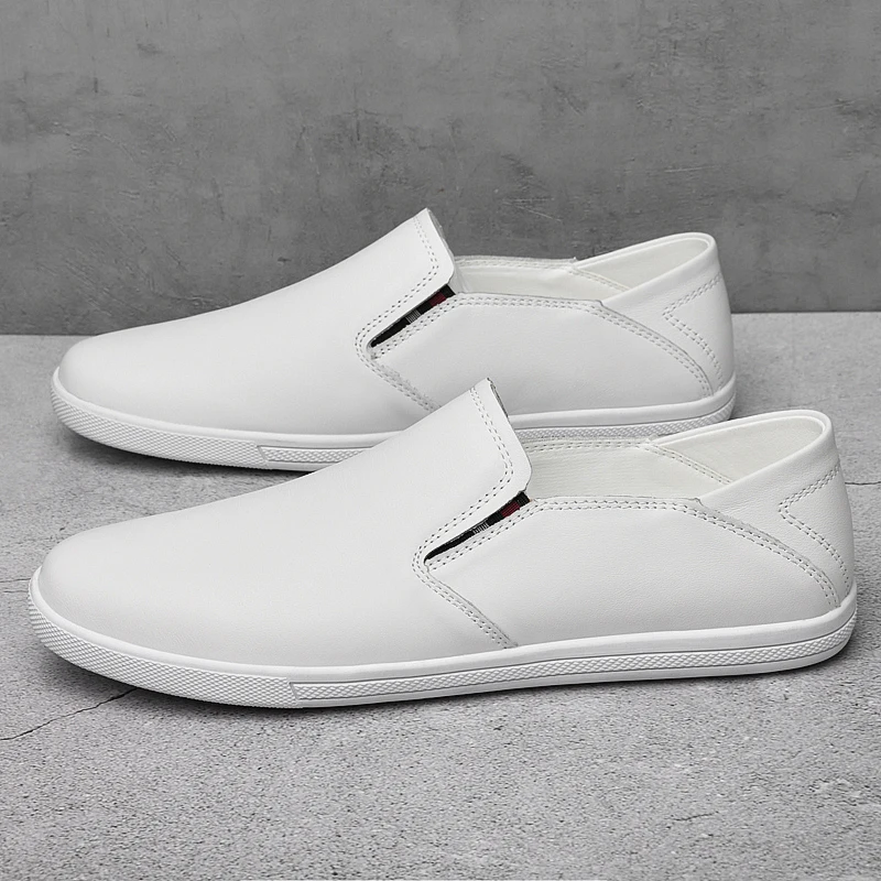 Spring Men's White Flat Loafers Casual Shoes Fashionable Outdoor Hiking Shoes Comfortable and Breathable Genuine Leather Shoes image 2