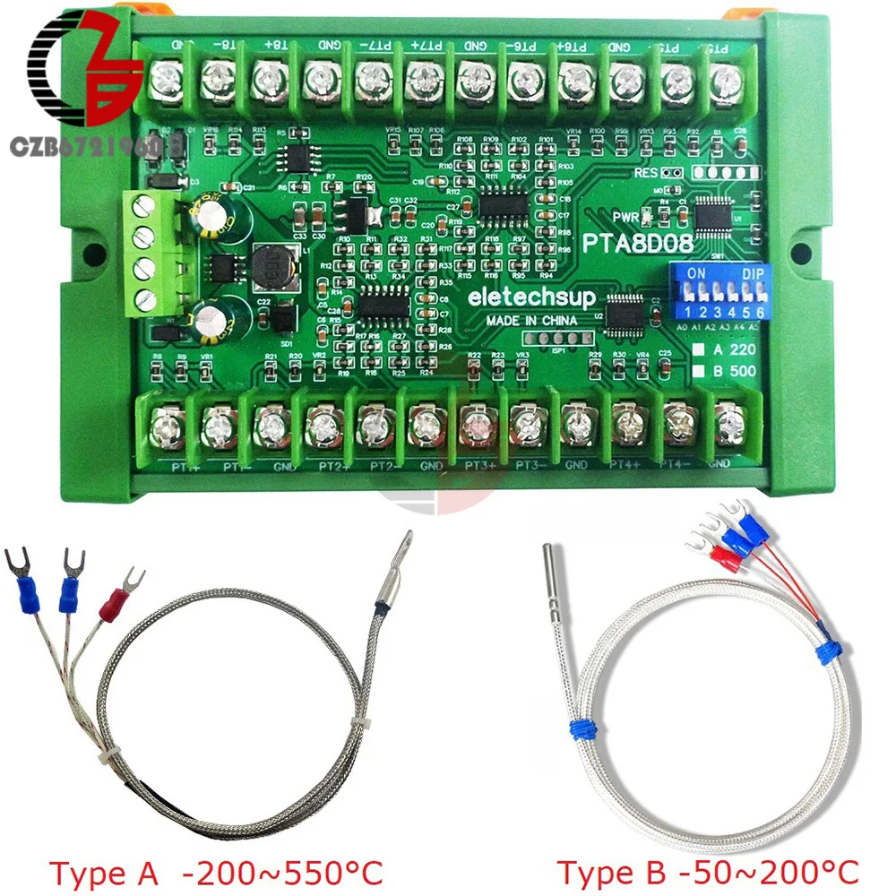 8ch DC 8-30V PT100 RTD RS485 Temperature Sensor Module Modbus RTU Platinum Thermal Resistance Collector -40~500C Thermostat