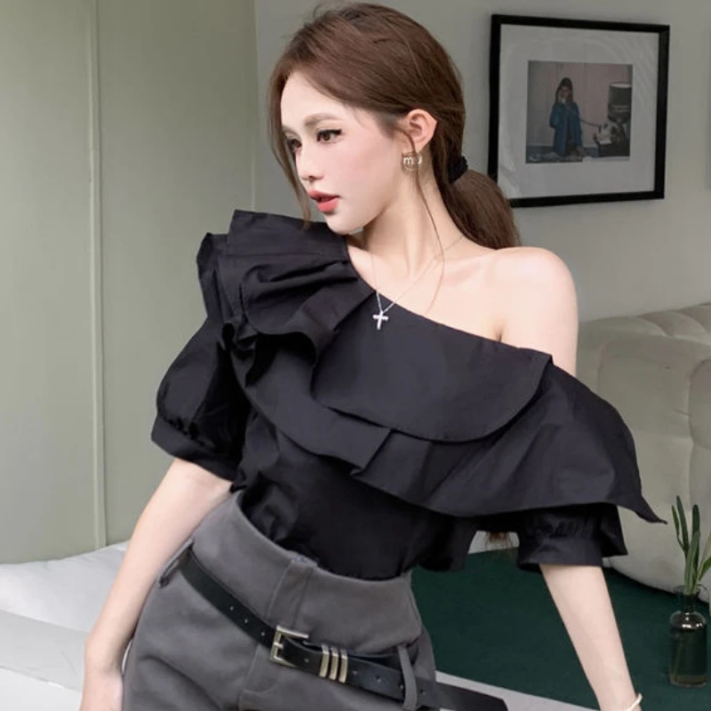 Blouses Women Temperament Casual Summer Ladylike Ruffles Design Streetwear New Korean Style Skew Collar Fashion All-match Solid