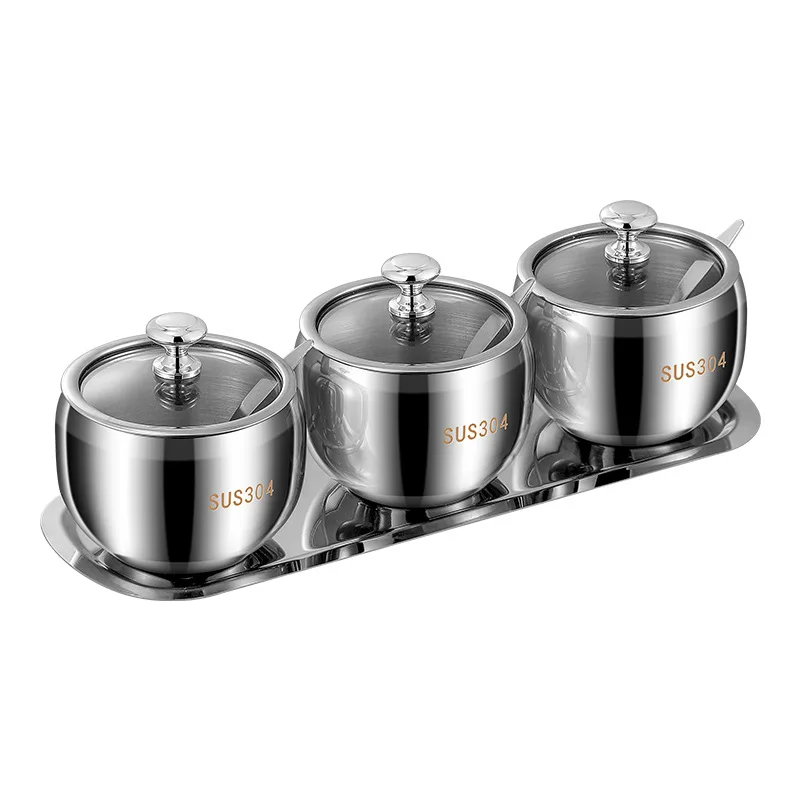 

304 Stainless Steel Seasoning Jar Three-piece Set Sugar Salt Seasoning Jar Pepper Seasoning Box Glass Lid with Spoon