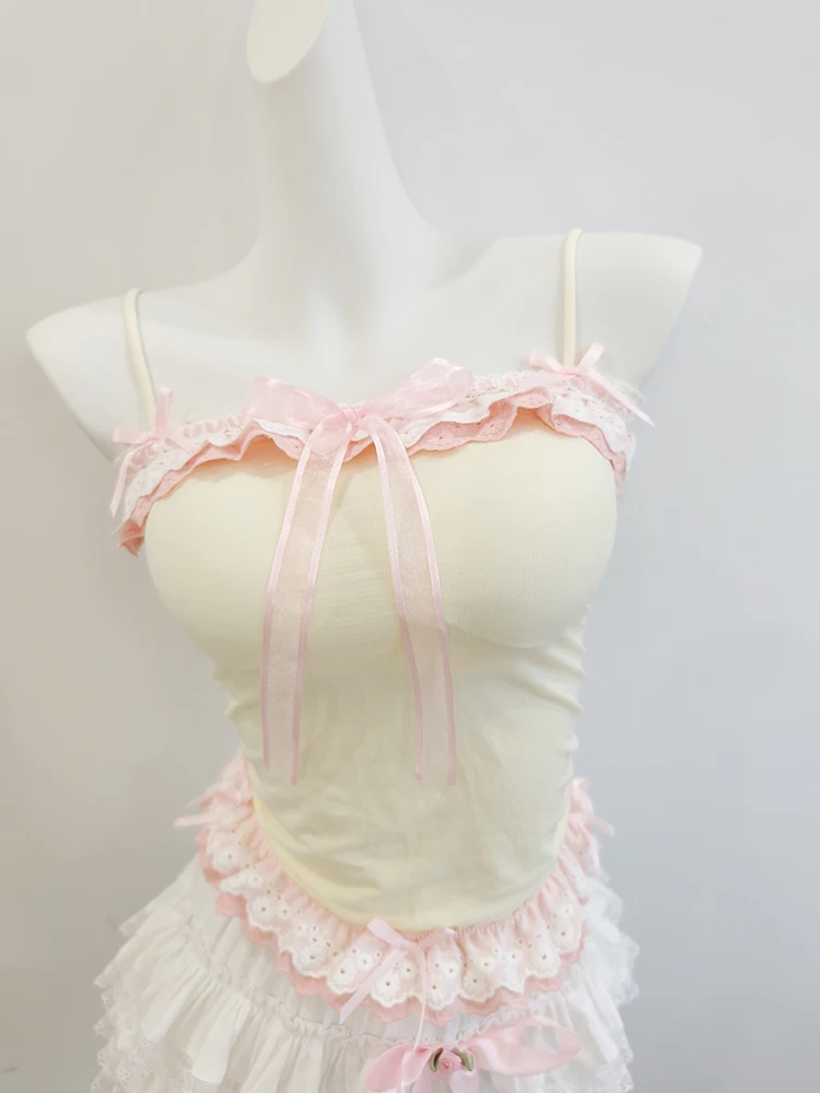 

Cute Crop Top Women Summer Bows Decoration Two Layers of Lace Trim Lolita Style Cropped for Sweet Girls Kawaii Clothes