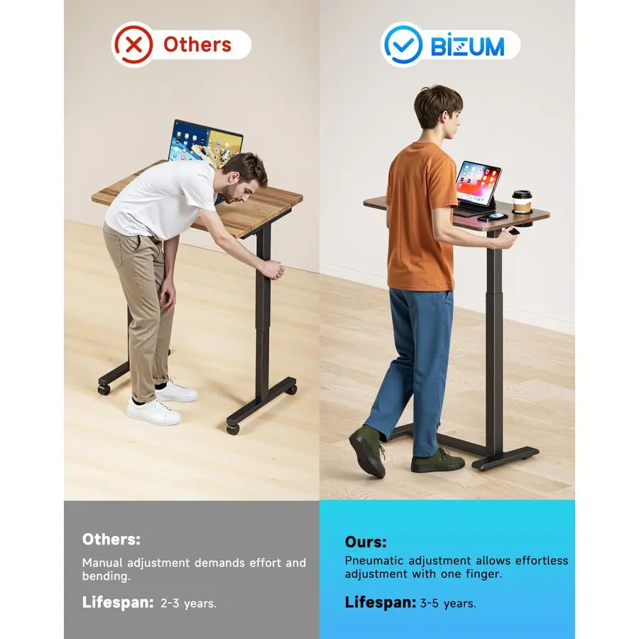 Adjustable Bedside Table with Swivel Hidden Wheels Pneumatic Rolling Desk Mobile Standing Desk with Cup Holder for Hospital Hom