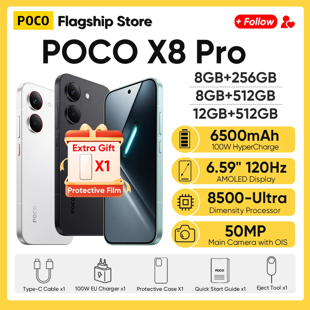 【New Arrivals】POCO X8 Pro Global Version 5G Smartphone Dimensity 8500-Ultra 6.59" AMOLED Display 50MP 6500mAh 100W HyperCharge