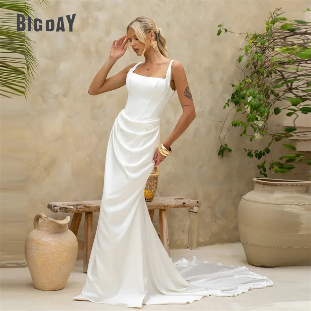 

BIGDAY Pleat Square Collar Mermaid Wedding Dress 2025 Spaghetti Straps Open Back Satin Bridal Gown Vestido De Noiva Customized