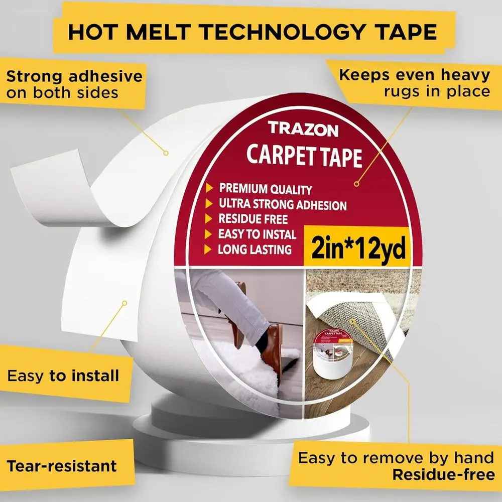 Carpet Tape Double Sided - Rug Tape Grippers or Hardwood Floor Area Rugs - Strong Adhesive Removable Grip Tape, Heavy Duty Stick
