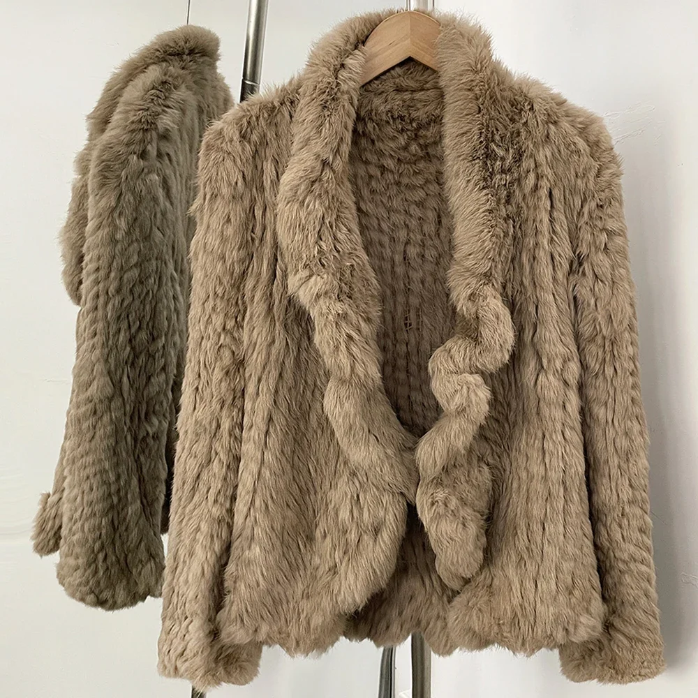 OFTBUY Weiche, leise, luxuriöse neue Winteroberbekleidung für Damen, handgestrickte Echt-Kaninchenfelljacke, gerüschter V-Ausschnitt, kurzer Pelzmantel für Damen – Detail 8