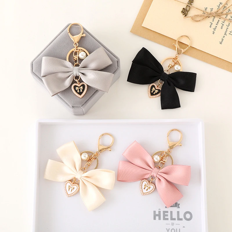 Fabric Ribbon Bow Love Heart Pendant Keychain Butterfly Knot Hanging Chain Anti-Lost Keyring Backpack Charms Bag Decor Gifts