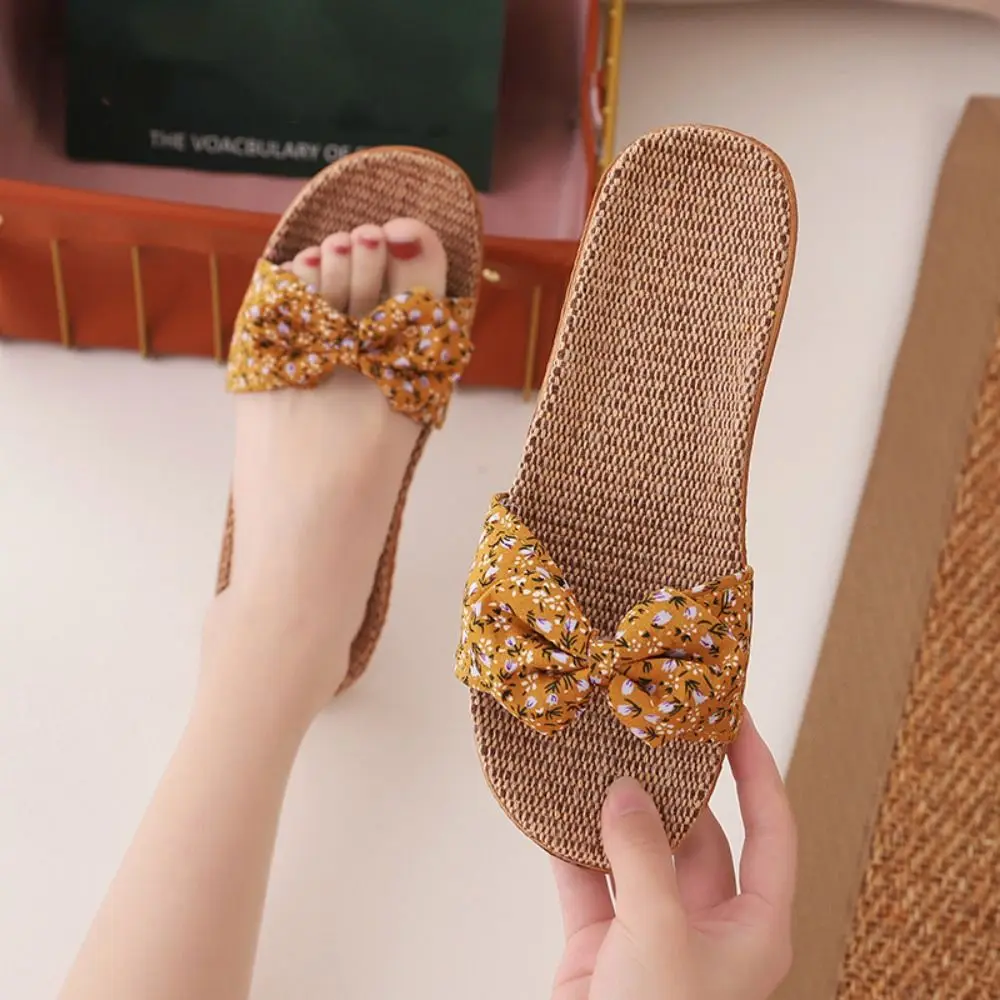 

Милые нескользящие тапочки с цветочным бантом, милые льняные тапочки на мягкой подошве, женская пляжная обувь, шлепанцы из ЭВА, пляжные сандалии
