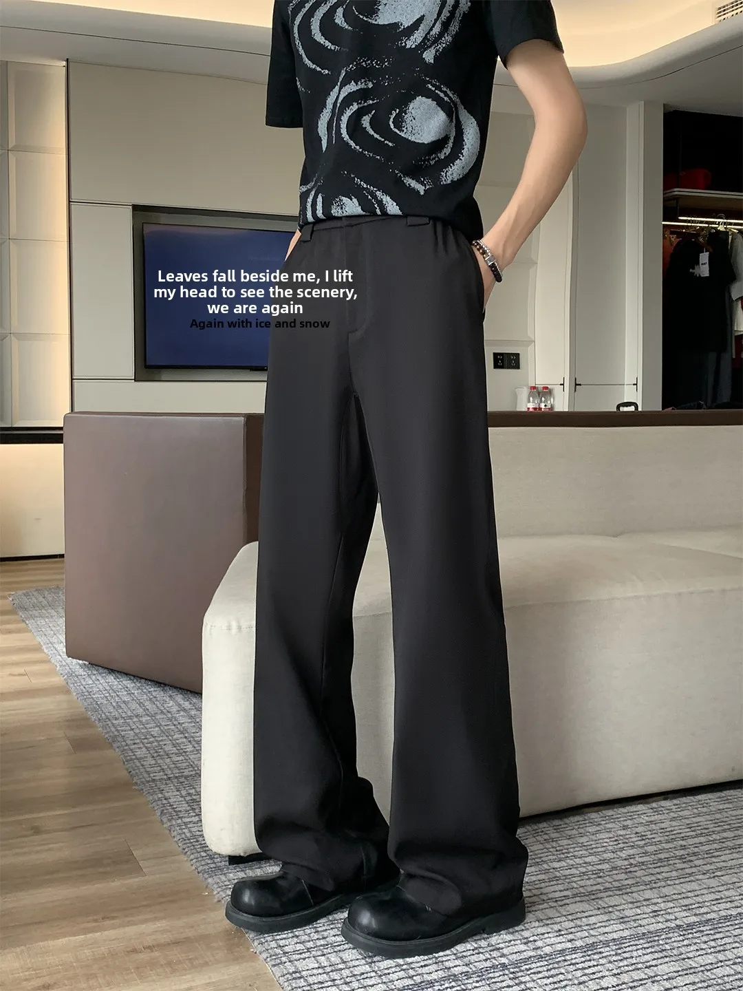 

Мужские брюки в американском стиле, расклешенные, прямого кроя, повседневные, свободного кроя, весна-лето, из полиэфирного волокна, с эластичной талией, однотонные