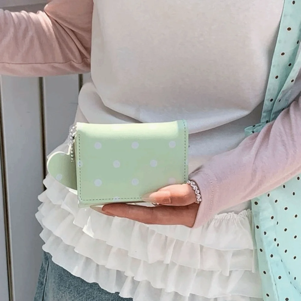 Sweet Sweet Trifold Polka Dot Wallet Multi-functional Multi-card Slot PU Card Holder Heart Pendant Portable Coin Purse Girls