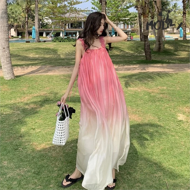 Modx 2024 Explosieve Reis Foto Bali Strandjurk Vakantie Slip Lange Jurk Roze Gradiënt Chiffon Jurk Super Fee Hot Nieuw