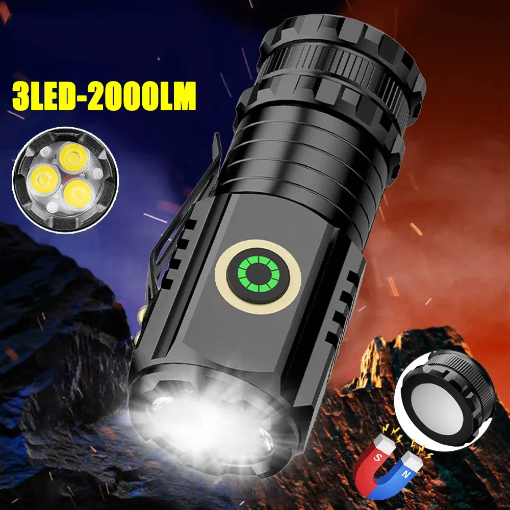 Mini Led Flashlight 3Led Ultra Strong Light Flash Light Portable Usb Rechargeable Built-In Battery with Pen Clip and Tail Magnet